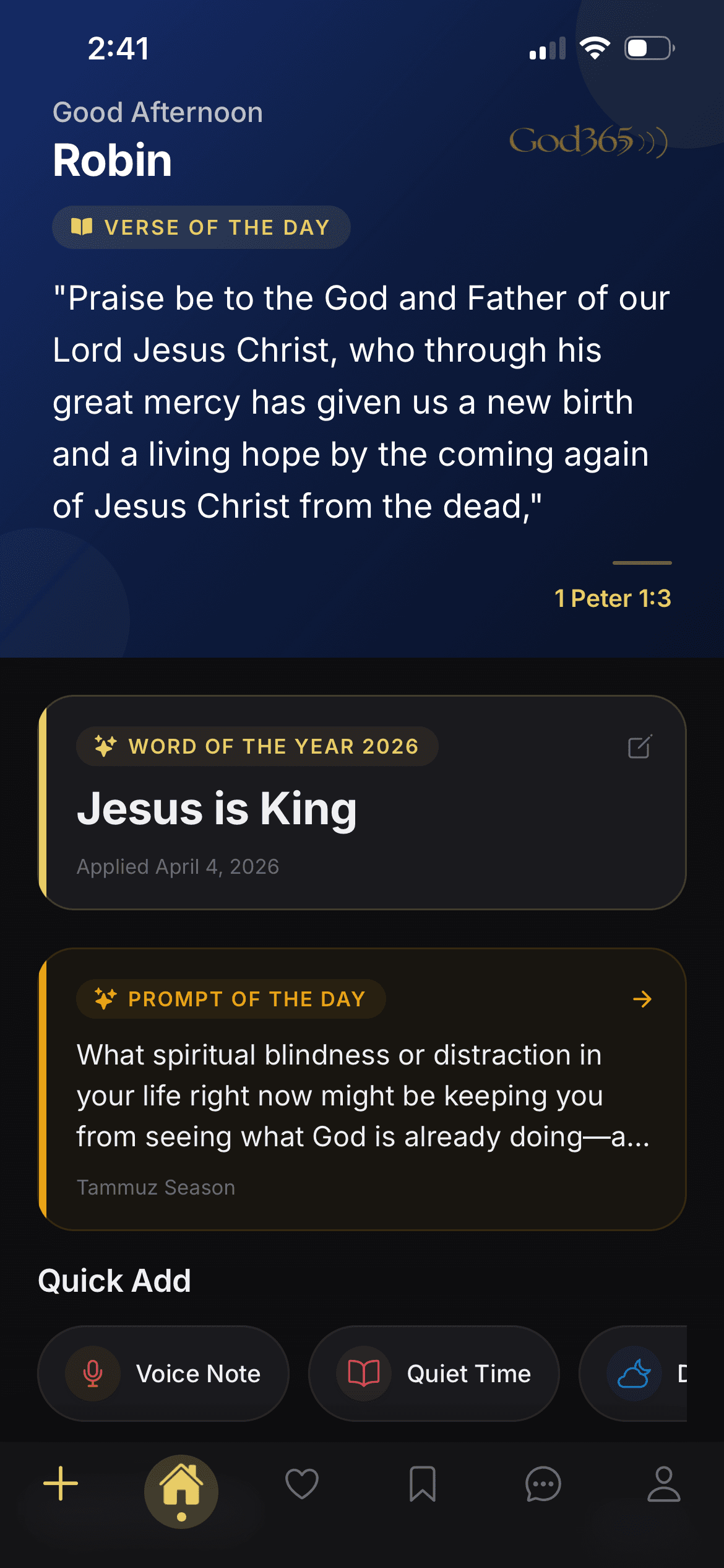 God365 app home screen showing the daily verse, your word for the year, a reflection prompt, and quick add options