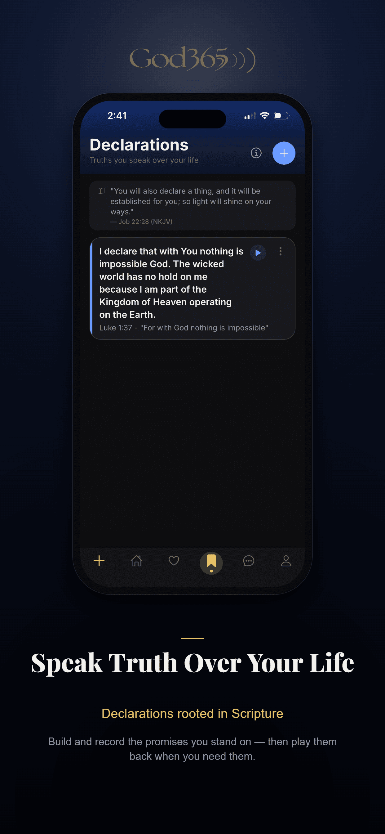 Declarations — speak Scripture-based truth over your life with optional voice recording