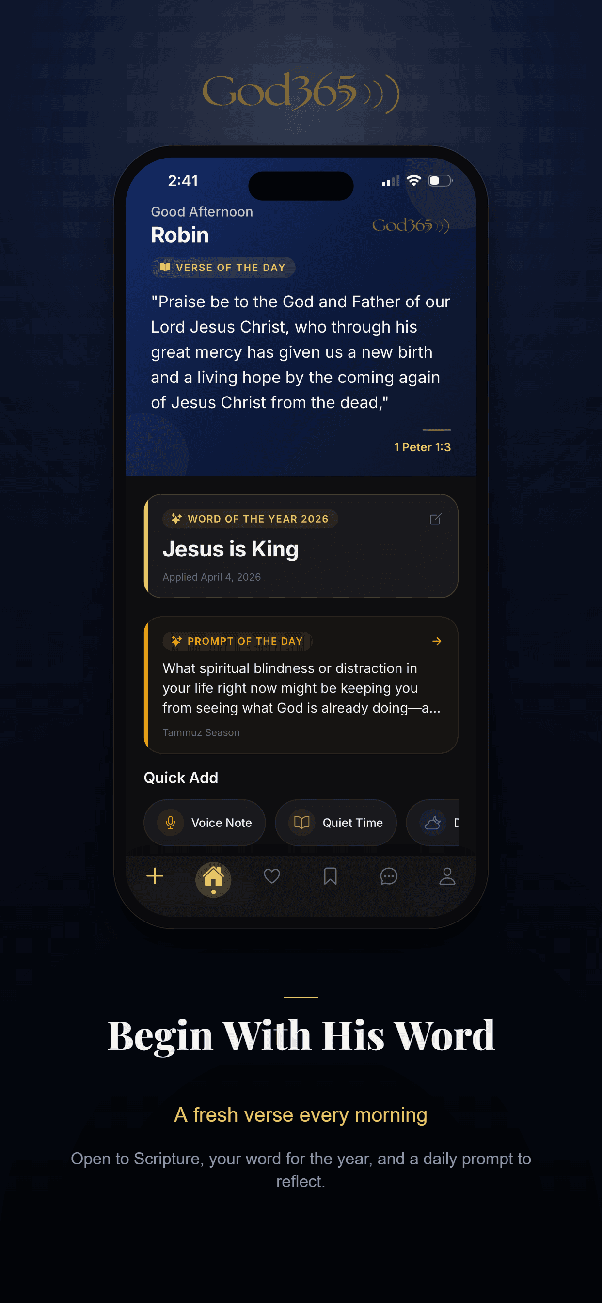 God365 home screen — daily verse, your word for the year, and a reflection prompt