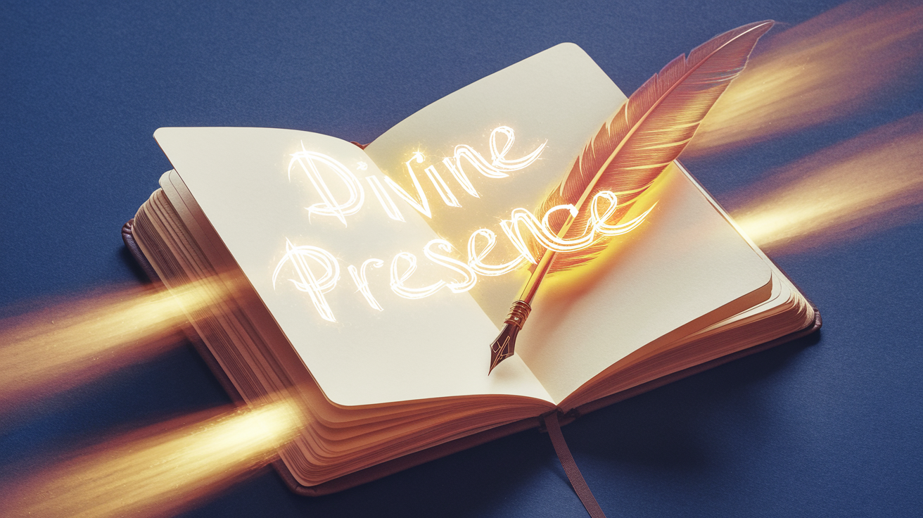 Open journal with glowing quill pen symbolizing Christian journaling and listening to God's voice
