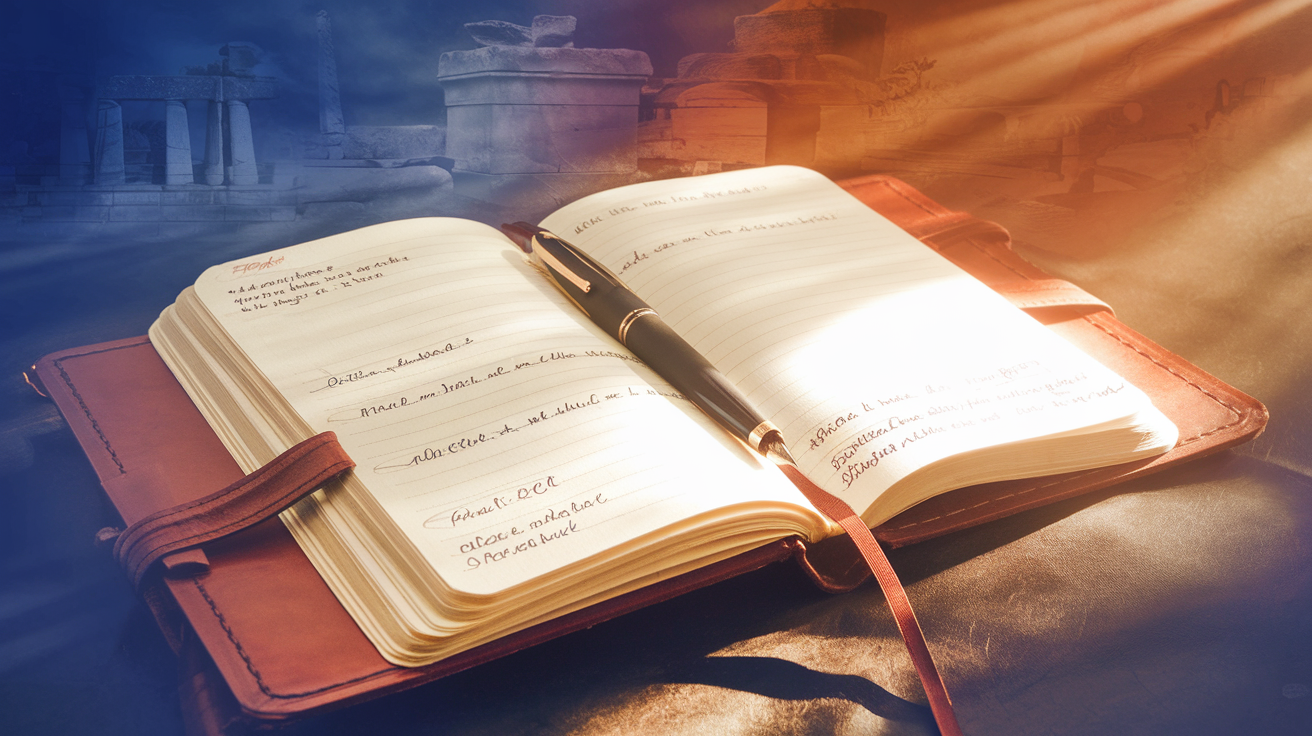 An open journal with handwritten prayer entries and a fountain pen, bathed in warm golden light against a navy and rust gradient background