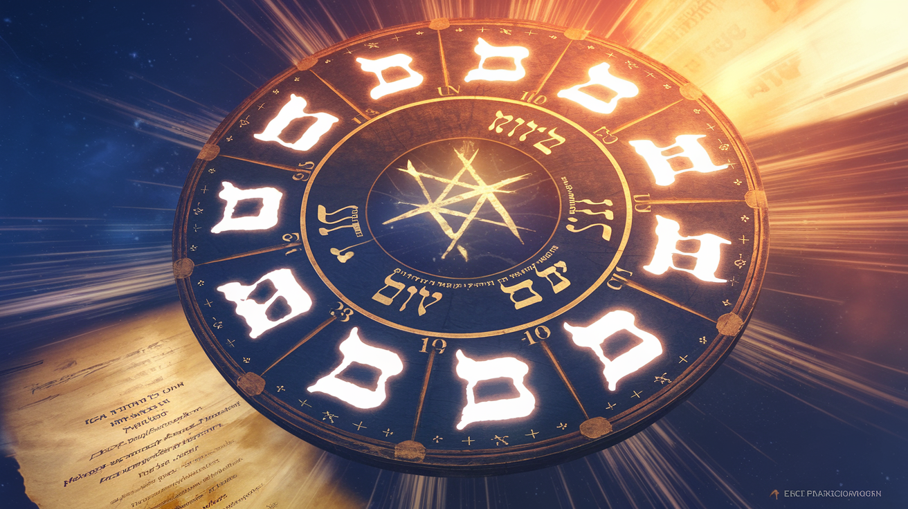 Mystical Hebrew calendar wheel with glowing symbols and tribal markers in gold and rust against a navy cosmos
