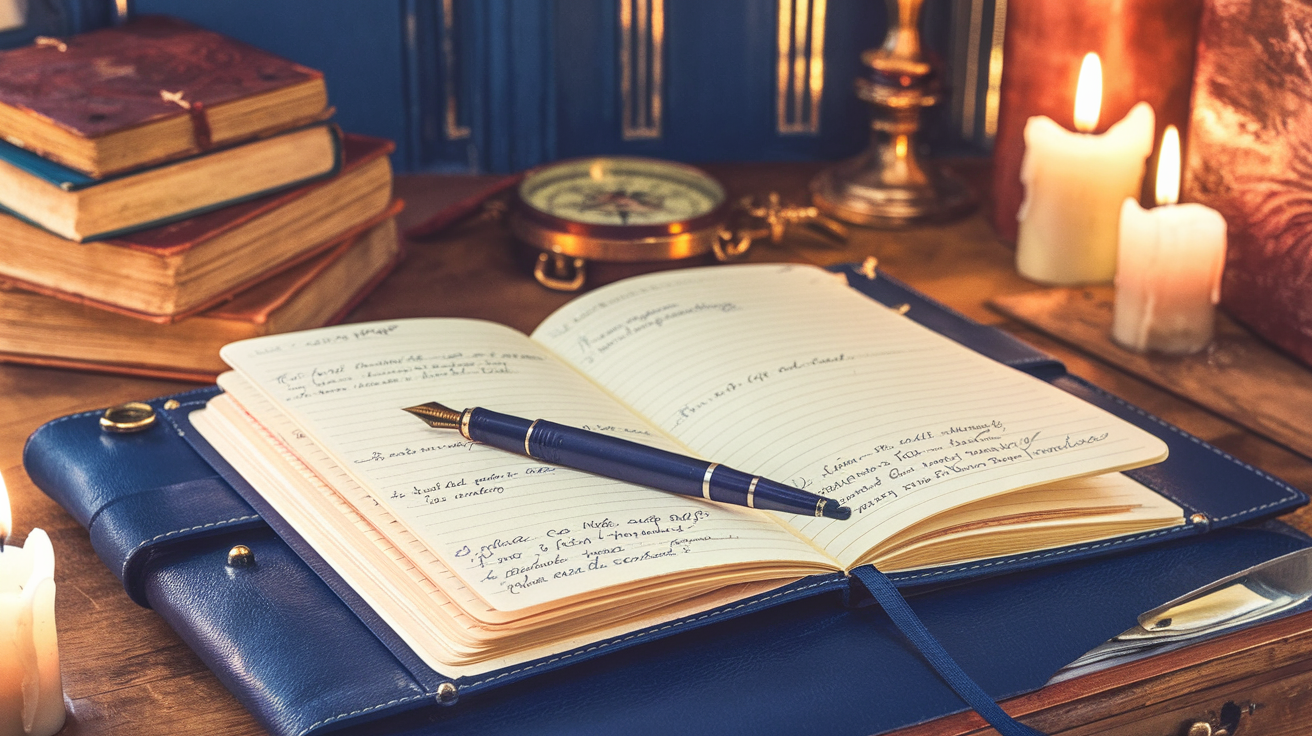 An open journal with handwritten entries by candlelight, symbolizing the practice of recording prophetic words