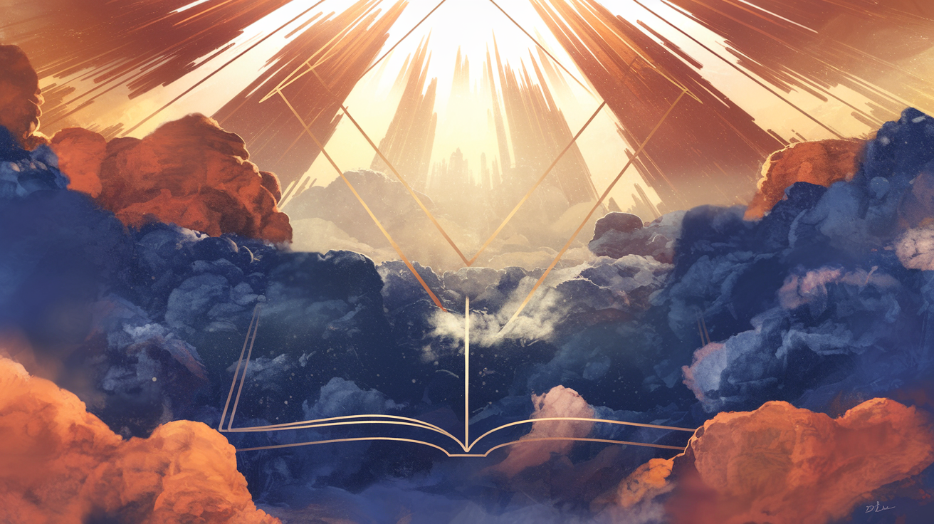 Abstract spiritual vision with light rays, clouds, and geometric patterns in navy, rust, and gold tones