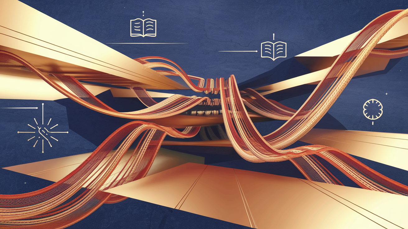 Abstract representation of organized prayer structure with interconnected pathways in navy, rust, and gold tones
