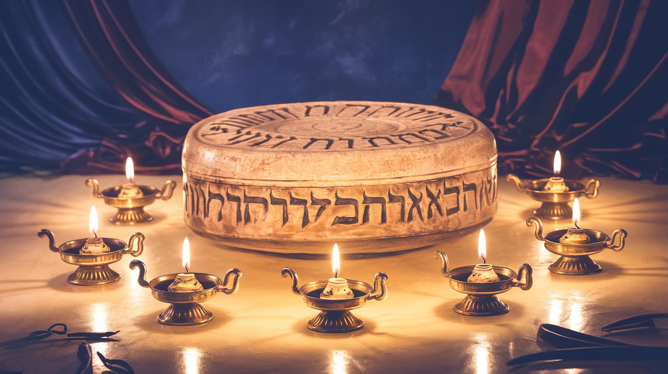 Ancient stone altar with golden lamps representing biblical appointed times
