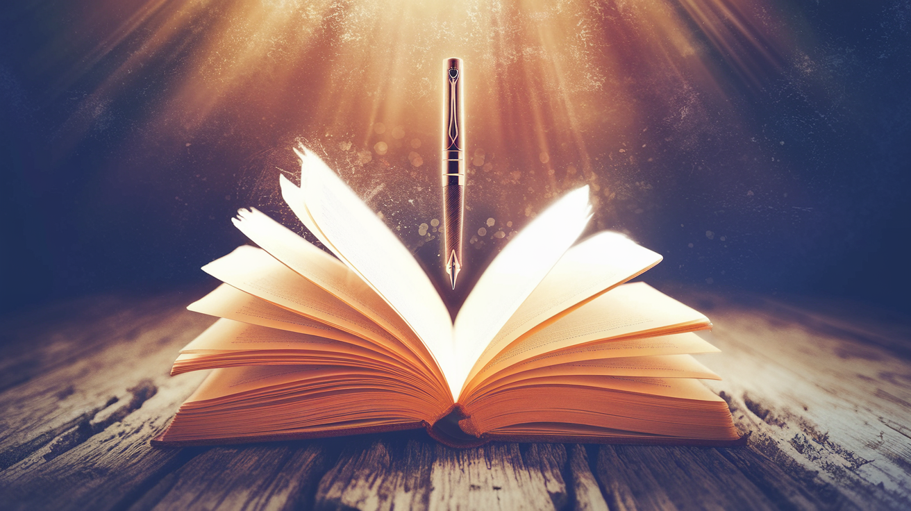 Open journal with glowing pen and ethereal light rays suggesting divine communication and spiritual dialogue