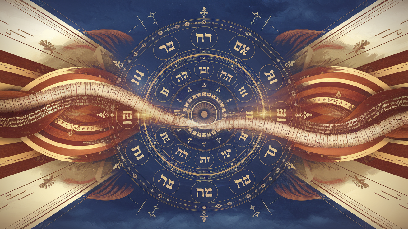 Abstract representation of the Hebrew calendar with celestial and tribal symbolism in navy, rust, and gold tones