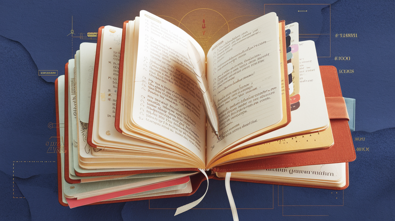 Abstract visual of an organized prayer journal with layered pages, geometric patterns, and divine light representing structured spiritual practice
