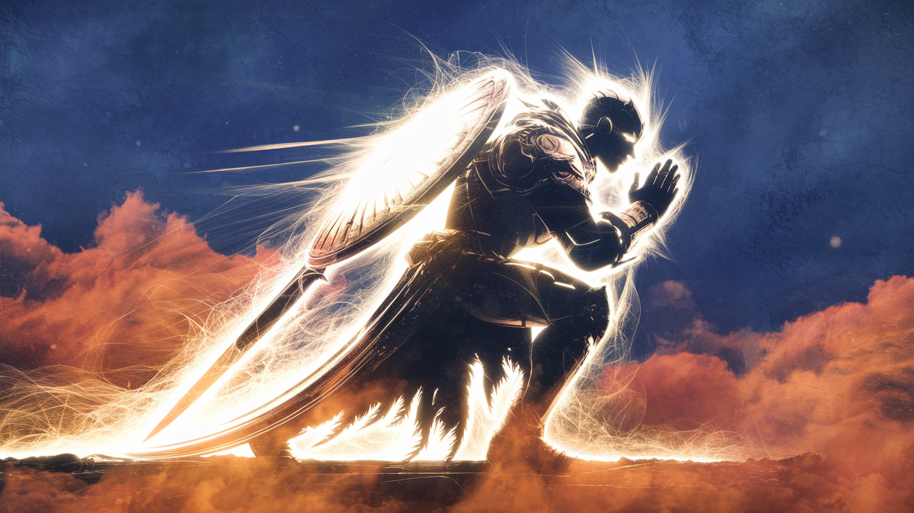 Spiritual warrior in prayer with divine light breaking through darkness, symbolizing spiritual warfare and breakthrough