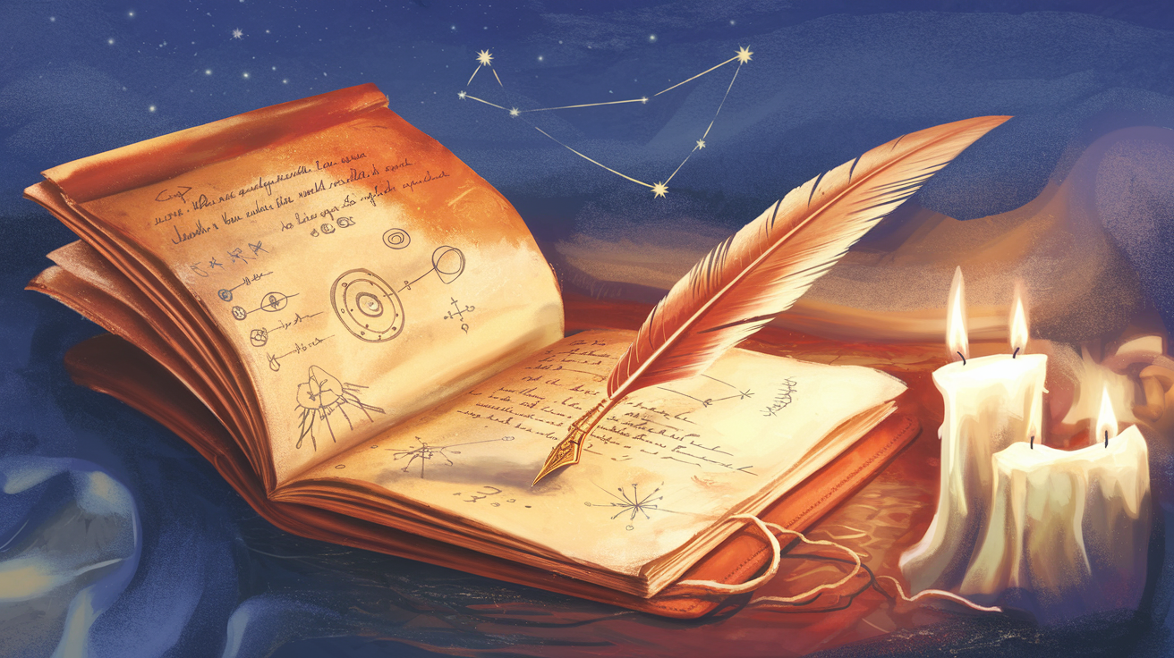 An open journal with a glowing quill pen and handwritten symbols under candlelight, representing spiritual dream tracking and prophetic record-keeping