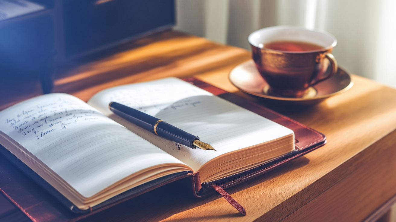 Open journal with pen and tea on desk in morning light, representing two-way journaling practice